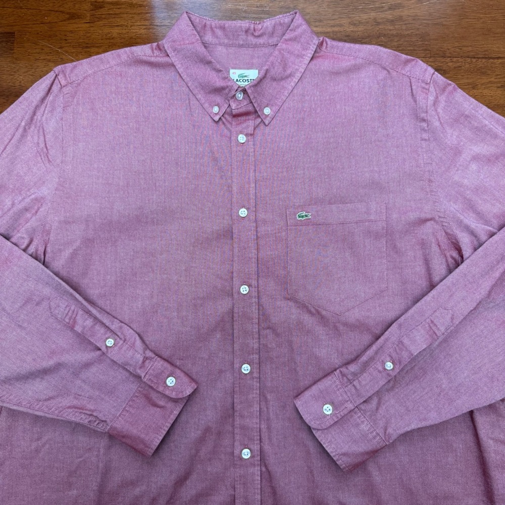 Lacoste Oxford Button Down Shirt Mens 45 XXL Red Pink Classic Fit Long Sleeve - Picture 2 of 8